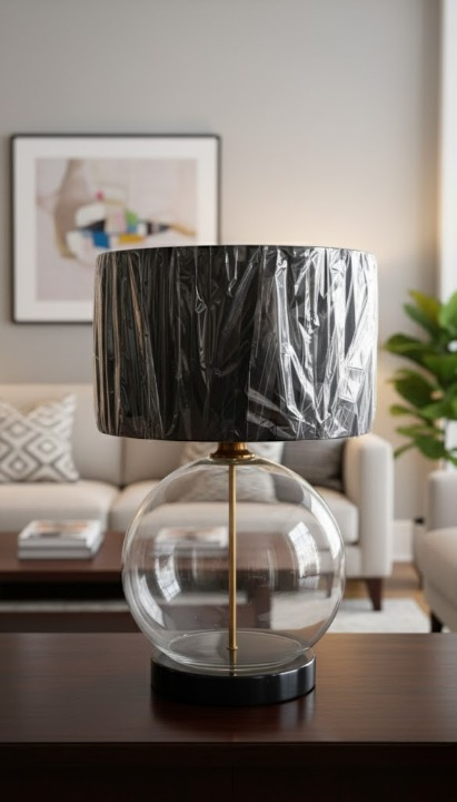 Arlumina Voided Sphere lamp, smoked-finish cylindrical base with a dark textured drum shade on a modern desk.