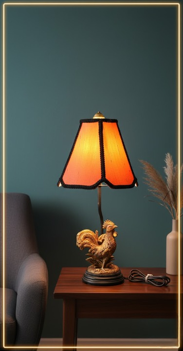 Arlumina Rustic Rooster Heritage lamp, teal-black ceramic ginger jar with a hand-painted rooster motif on a wooden table against a teal wall.