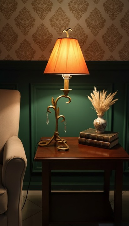 Arlumina Enchanted Vine Crystal lamp, emerald green urn-style ceramic base with gold banding and a structured ivory shade.