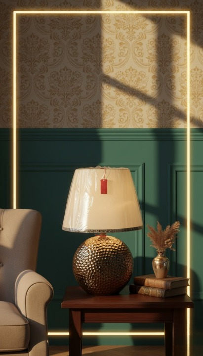 Adjustable gold-tone swing arm with a hand-hammered spherical base and a reflective gold-crinkle shade.