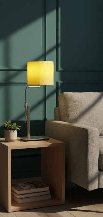 Arlumina Sleek Chrome Task lamp, emerald green urn-shaped ceramic base with gold banding and a neutral ivory shade.