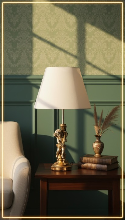 Arlumina Cherub’s Grace Antique lamp, etched gold metallic pillar with a white pleated shade and signature hand-tied silk tassel.