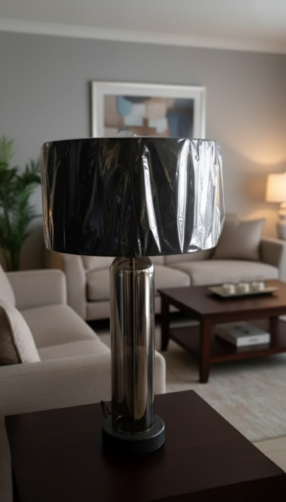 Hand-etched gold pillar table lamp with white pleated shade and hanging silk tassels.