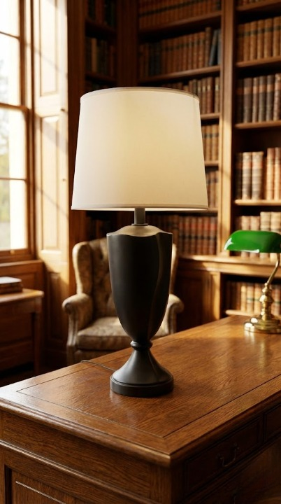 Arlumina Executive Desk lamp, etched-gold pillar base with a white pleated shade and a decorative silk tassel—add elegance to your workspace today!